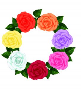 A circular wreath composed of seven roses in different colors: red, orange, lavender, pink, dark red, white, and yellow. The roses are interconnected with green leaves, against a plain white background.