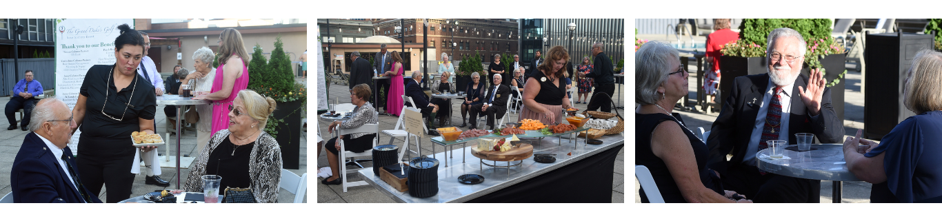 A series of three photos depicts an outdoor social gathering. The first image shows a young man serving pastries to an elderly couple. The second image captures a buffet table and groups of people mingling. The third image features two women and a man engaged in conversation at a table.