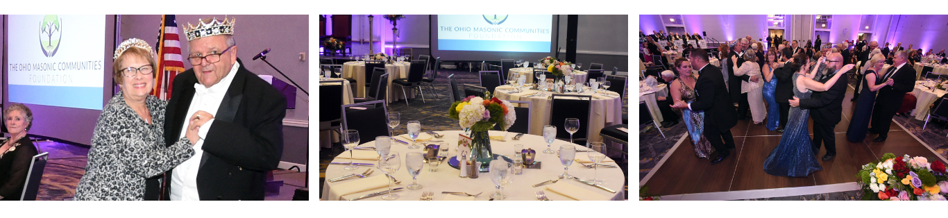 A collage of three images from a formal event. The first image features an elderly couple dancing, with the man wearing a crown. The second image shows a decorated dinner table with flowers and menus. The third image depicts a large group of people dancing in a ballroom.